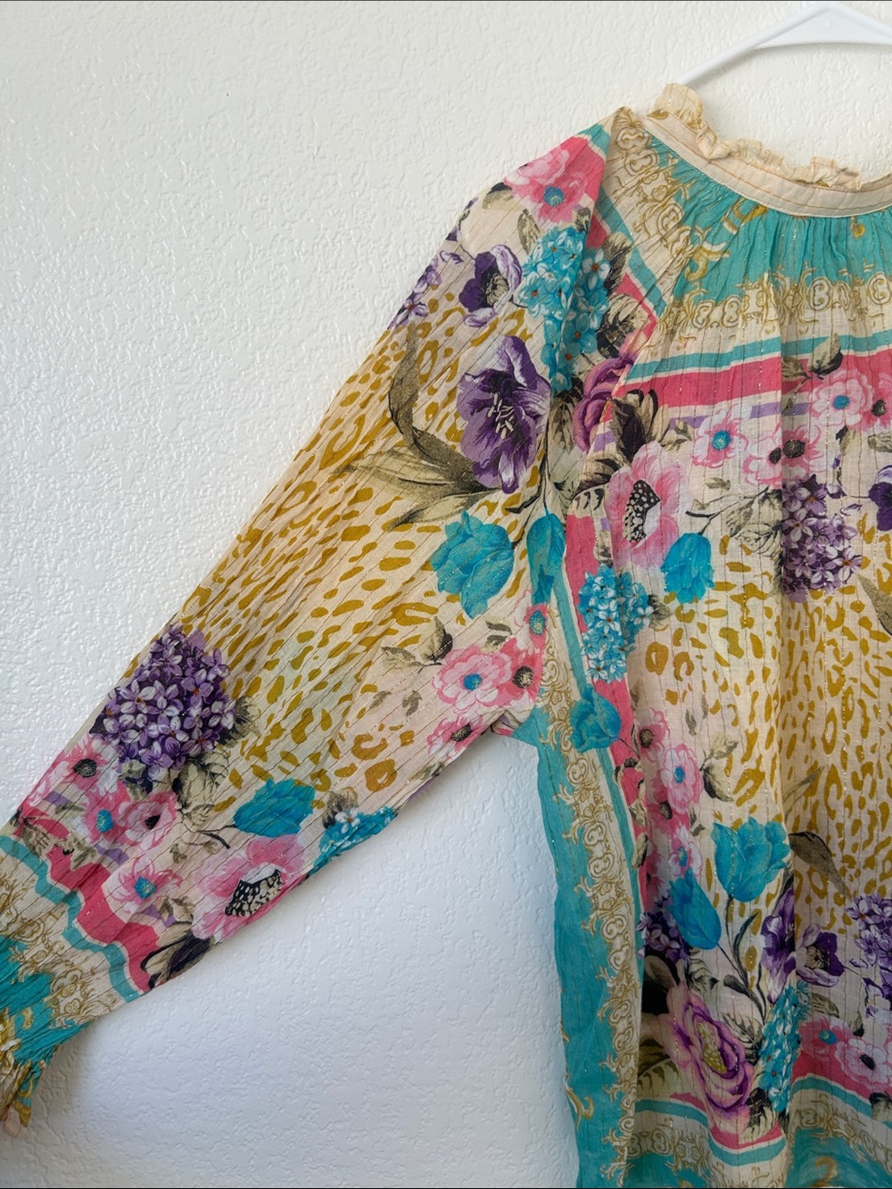 Boho Floral Patchwork Peasant Blouse in Teal, Yellow & Pink - Picture 10 of 11